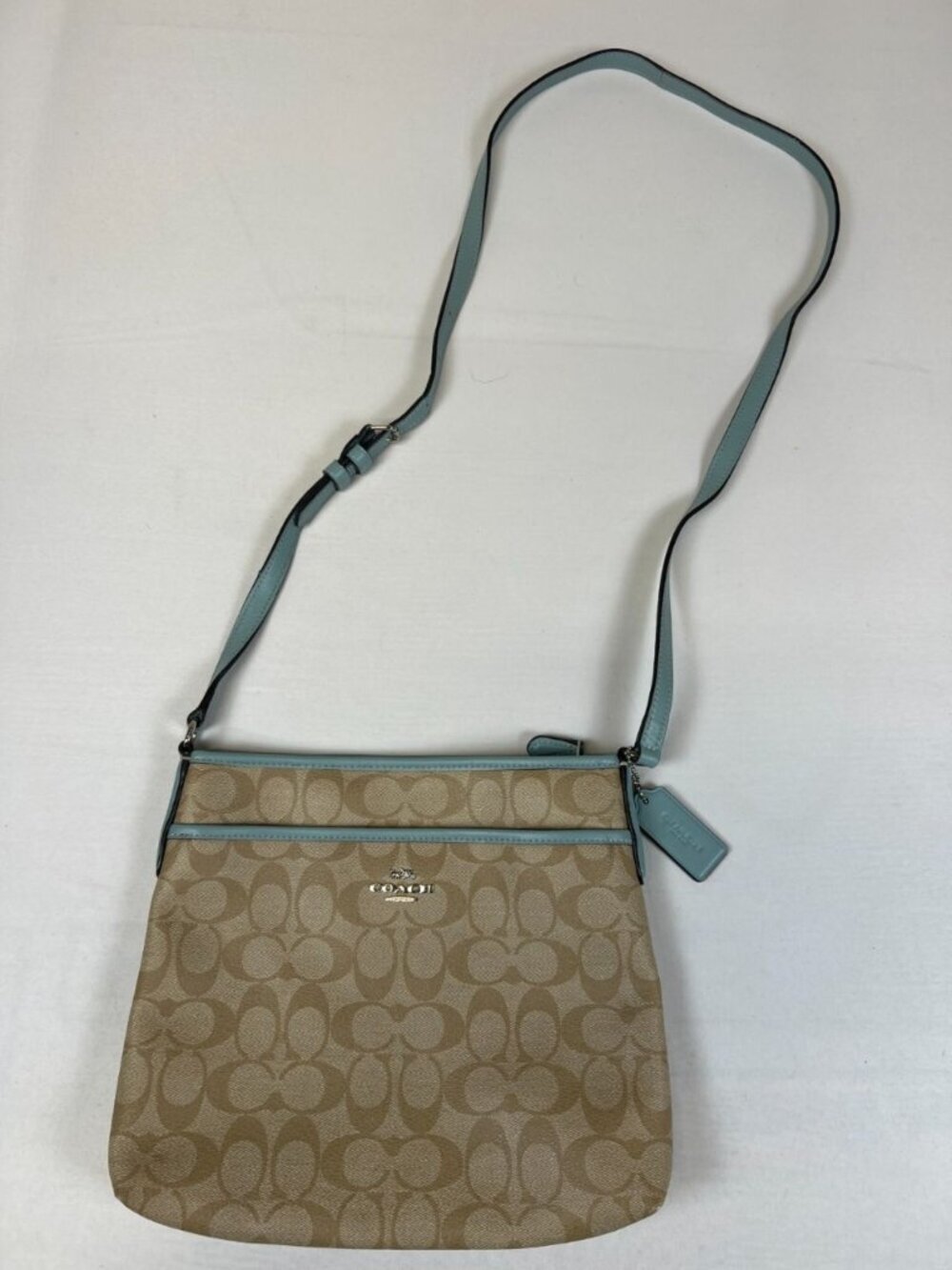Coach Signature Crossbody Bag Tan Canvas Light Blue Leather Trim Shoulder Purse